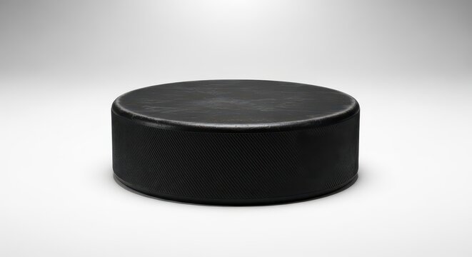 A dense black disk made of vulcanized rubber, essential equipment for ice sports. Closeup view highlighting the rough texture and durable material quality, surface, durable, essential