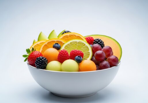 A colorful arrangement of fresh seasonal fruit served in a white ceramic bowl, emphasizing health, nutrition, and wellness, grape, studio, mixed