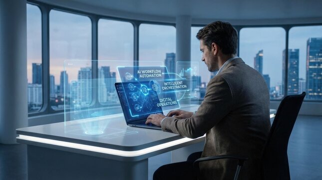 A business professional using a laptop with an AI workflow automation interface displaying connected process nodes, data integration icons, and intelligent system orchestration for digital operations,