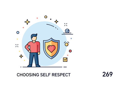 Choosing self respect concept centered on a figure standing confidently with a shield and heart icon expressing strength, dignity, and self worth. Minimalist