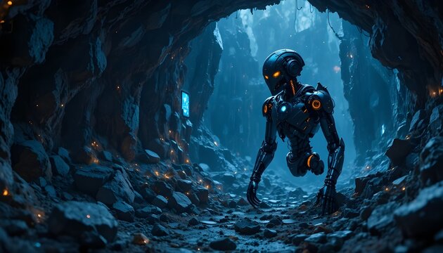 Robot creature emerging from dark cave with glowing orange eyes and metallic body