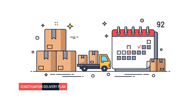 Construction material delivery plan featuring stacked boxes, a small truck, and a marked calendar page conveying structured workflow and reliable shipment
