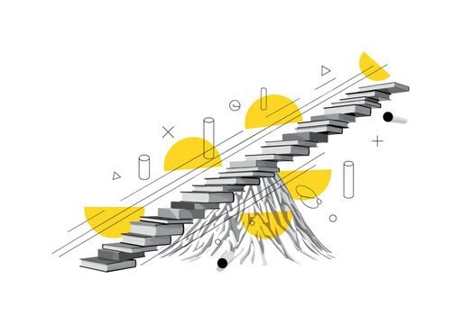 books arranged into ascending mountain-like stairs, yellow semicircles and thin black lines suggesting elevation and motion, abstract cylinders and symbols