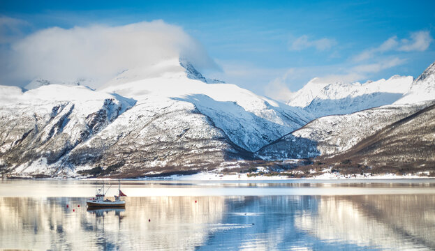 Winter fjord landscape near Tromso, Norway, Lapland
