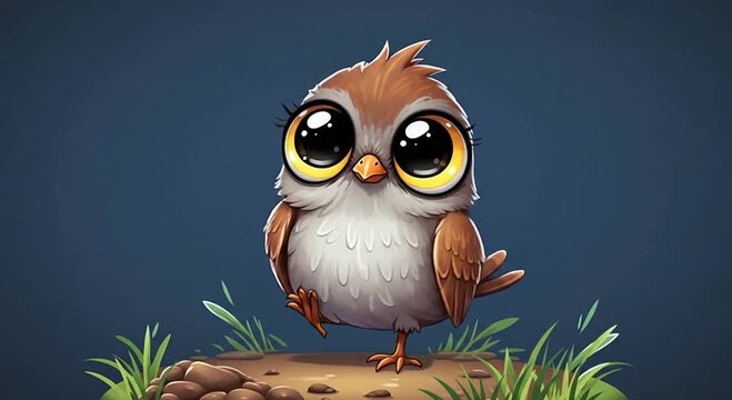 Cute cartoon baby bird with big expressive eyes standing on a patch of grass