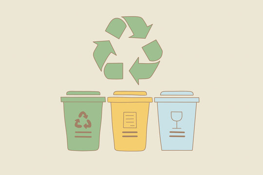 Recycling bins and green arrows for waste sorting