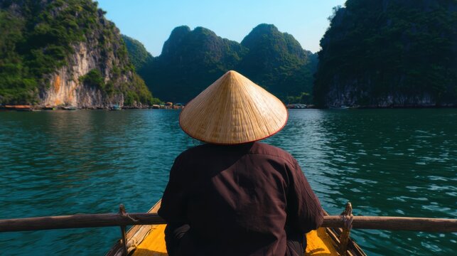 円錐形の帽子をかぶってベトナムの水中を漕ぐ