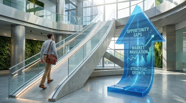 A man walking on a rising arrow-shaped path beside a large arrow cutout, symbolizing opportunity gaps, market navigation, and strategic growth, sleek modern environment, photorealistic,no logos