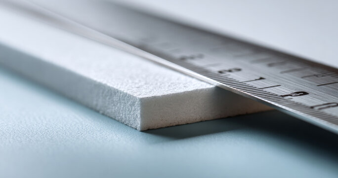 Close-up of ruler measuring foam sheet