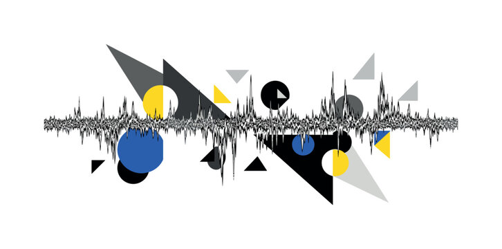 analog interference waves broken by geometric forms, black and white wave lines intersected by triangles and circular shapes, abstract blocks creating tension