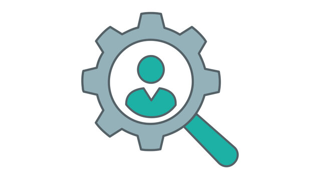 Professional vector icon illustration of a human resources hiring manager concept, featuring a person symbol inside a gear and magnifying glass for recruitment, talent acquisition, and search.