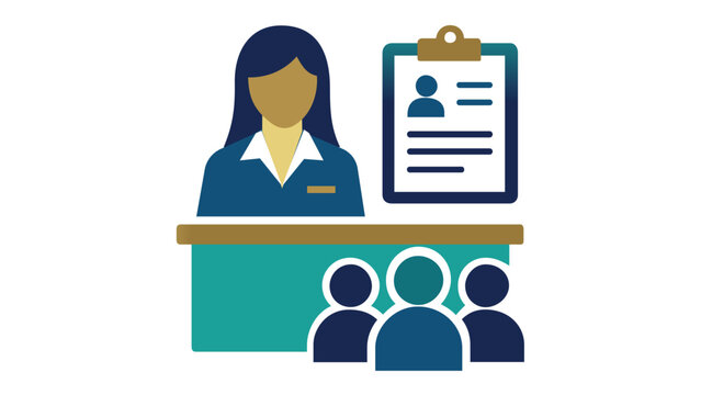 Human resources recruitment vector icon illustration with a female HR manager at a desk reviewing a candidate resume clipboard and job applicants, ideal for hiring and career search concepts.