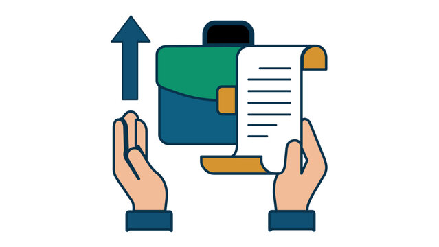 Professional employee award vector icon illustration featuring hands holding a briefcase and a scroll document with an upward arrow, symbolizing career growth, promotion, and business success.