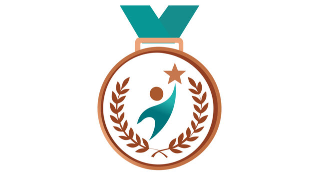 Bronze medal vector illustration with teal ribbon and laurel wreath, featuring a stylized human figure reaching for a star. Perfect for human resources, achievement, success, and job offers.