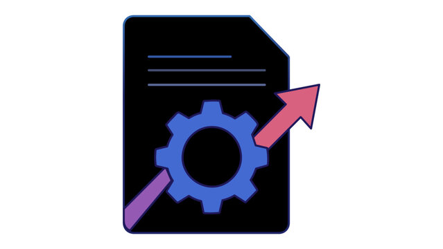 Vector icon illustration of a document with a gear and rising arrow, symbolizing career growth, job performance, professional development, and human resources optimization in business.