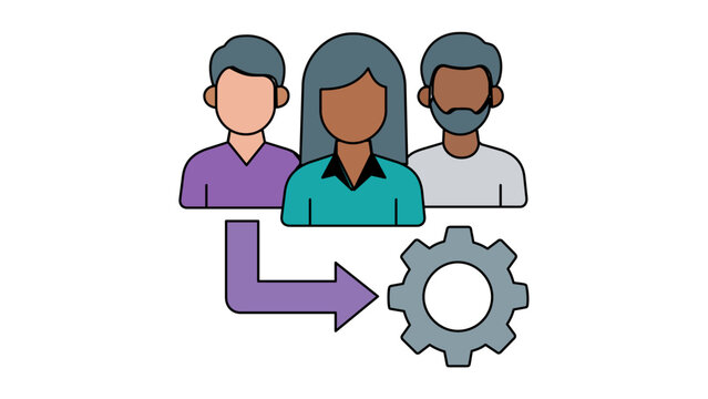 Flat vector icon illustration of a diverse professional team with a gear and arrow, symbolizing human resources management, recruitment process, workforce optimization, and business workflow.