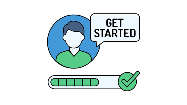 Vector illustration of a recruitment funnel icon showing a person avatar, a "Get Started" speech bubble, and a green progress bar with a checkmark for user onboarding and human resources.