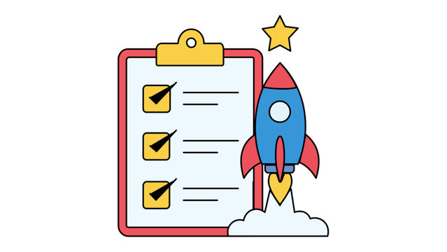 Flat vector illustration of a business recruitment funnel icon with a checklist clipboard, launching rocket, and star, representing startup success, project management, and career growth.