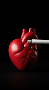Simbolo di dolore emotivo e dipendenza. Una sigaretta spenta brucia un cuore artificiale, rappresentando l'abuso e la sofferenza, concetto, dipendenza, tossico