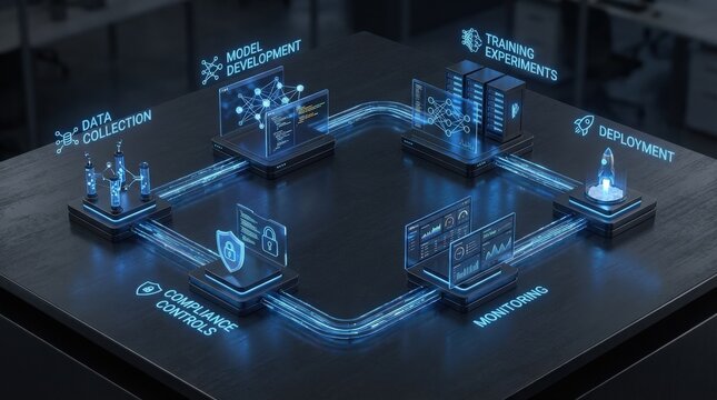 A dark-mode enterprise AI lifecycle composition rendered in a photorealistic isometric style, showing data collection, model development, training experiments, deployment, monitoring, and compliance