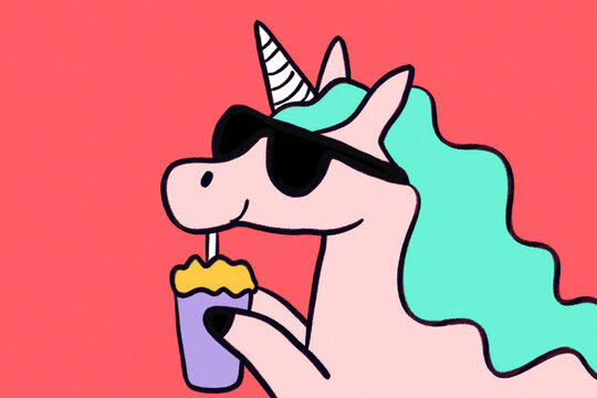 Cartoon unicorn sipping drink with cool sunglasses