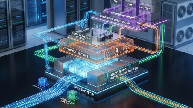 An AI governance orchestration platform architecture scene in photorealistic isometric perspective, showing layered AI data ecosystem, governance controls, human-in-the-loop oversight, and business