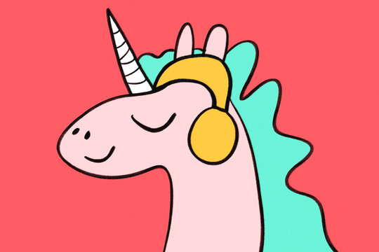 Cartoon unicorn with headphones on a pink background