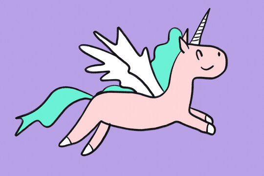 Cute cartoon unicorn with wings on a purple background