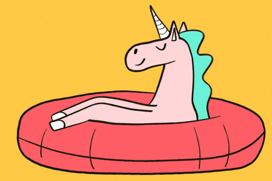 Cute cartoon unicorn relaxing in a pool float
