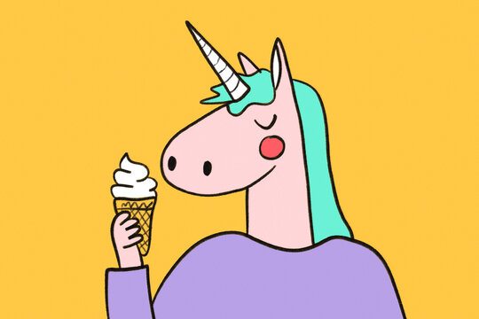 Whimsical unicorn enjoys ice cream in cartoon style