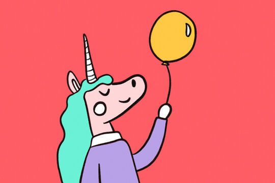 Cartoon unicorn with a balloon on a pastel background