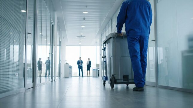 A cleaner in blue overalls pushes a large grey garbage bin through a bright modern office hallway. Professional maintenance services keeping workspace clean. Useful for facility management.