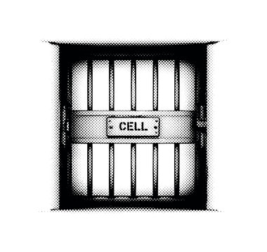 A single barred prison door viewed head-on with ?cell? subtly engraved on the plate, black and white halftone illustration, strong dot pattern shading, vintage