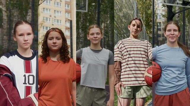 Split screen shot of five teenage girls as basketball players posing separately on urban outdoor court all looking at camera