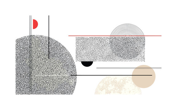 static texture with minimal modern geometry, black and white noise background combined with thin linear elements and semicircles, clean negative space with