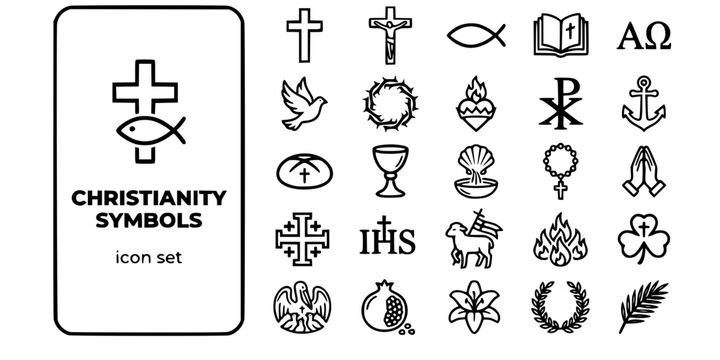 Christianity Symbols Faith Bold Line Icons-Cross Ichthys Bible Alpha Omega Sacred Heart Chi-Rho Anchor Chalice Rosary Agnus Dei-25 Christianity Icon Set Vector
