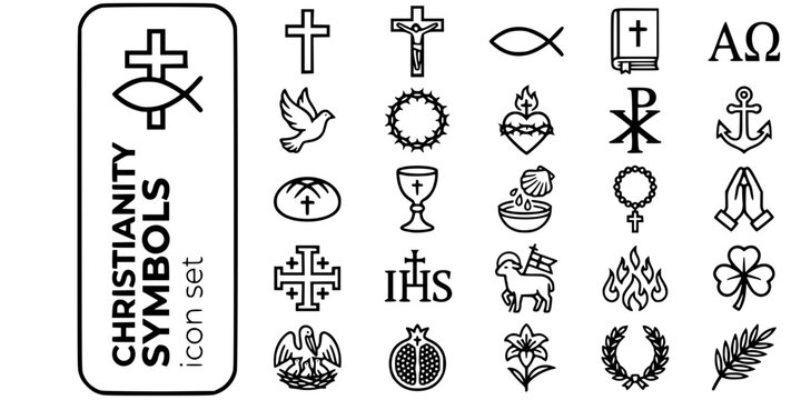 Christianity Symbols Faith Bold Line Icons-Cross Ichthys Bible Alpha Omega Sacred Heart Chi-Rho Anchor Chalice Rosary Agnus Dei-25 Christianity Icon Set Vector