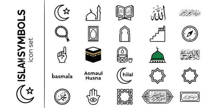 Islam Symbols Faith Bold Line Icons-Crescent Star Quran Allah Bismillah Tasbih Mihrab Kaaba Zamzam Shahada Basmala-25 Islamic Faith Icon Set Vector