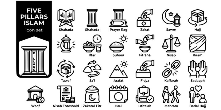 Five Pillars Islam Bold Line Icons-Shahada Salah Zakat Sawm Hajj Ramadan Iftar Tawaf Arafat Ihram Nisab Sadaqah Waqf-25 Five Pillars Icon Set Vector