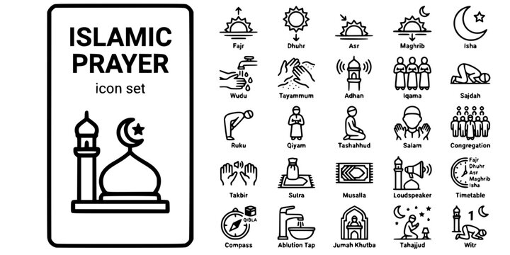 Islamic Prayer Worship Bold Line Icons-Fajr Dhuhr Asr Maghrib Isha Wudu Adhan Sajdah Ruku Qiyam Takbir Jumah Tahajjud-25 Islamic Prayer Icon Set Vector
