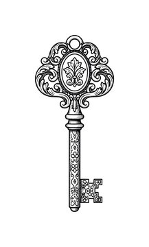 An antique Victorian skeleton key with intricate flourish engravings on the bow and shaft, isolated in minimal composition, black and white halftone