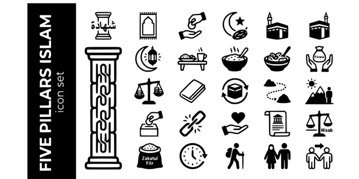 Five Pillars Islam Bold Line Icons-Shahada Salah Zakat Sawm Hajj Ramadan Iftar Tawaf Arafat Ihram Nisab Sadaqah Waqf-25 Five Pillars Icon Set Vector