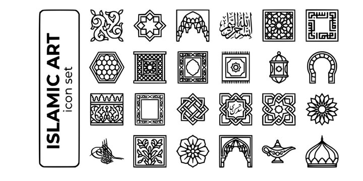 Islamic Art Geometric Pattern Bold Line Icons-Arabesque Muqarnas Calligraphy Zellige Mashrabiya Kufic Girih Tughra Thuluth-25 Islamic Art Icon Set Vector