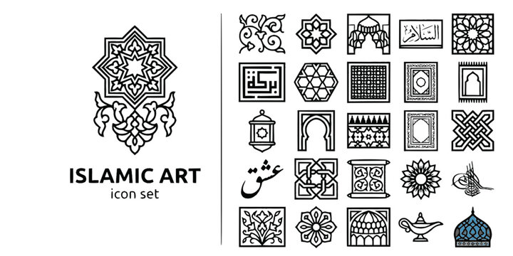 Islamic Art Geometric Pattern Bold Line Icons-Arabesque Muqarnas Calligraphy Zellige Mashrabiya Kufic Girih Tughra Thuluth-25 Islamic Art Icon Set Vector