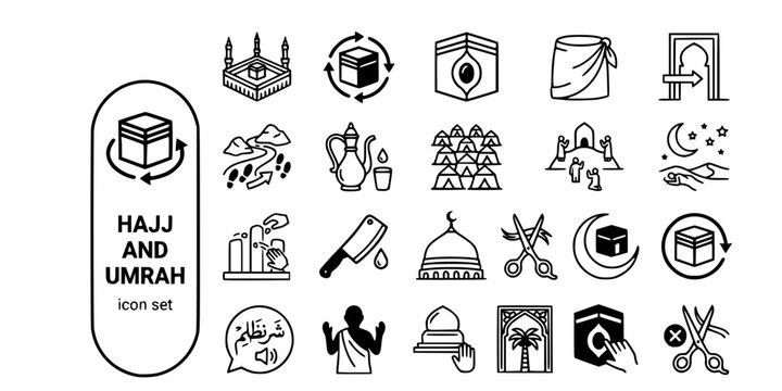 Hajj Umrah Pilgrimage Bold Line Icons-Kaaba Tawaf Ihram Miqat Zamzam Mina Arafat Muzdalifah Jamarat Talbiyah Wukuf Rami-25 Hajj Pilgrimage Icon Set Vector