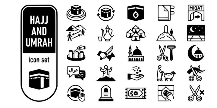 Hajj Umrah Pilgrimage Bold Line Icons-Kaaba Tawaf Ihram Miqat Zamzam Mina Arafat Muzdalifah Jamarat Talbiyah Wukuf Rami-25 Hajj Pilgrimage Icon Set Vector