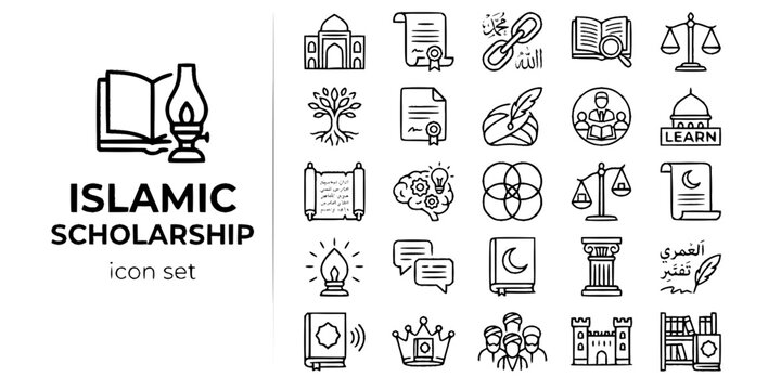 Islamic Scholarship Knowledge Bold Line Icons-Madrasa Ijaza Hadith Tafsir Fiqh Fatwa Ijtihad Ijma Qiyas Sunnah Tajweed Hifz-25 Islamic Scholarship Icon Set Vector
