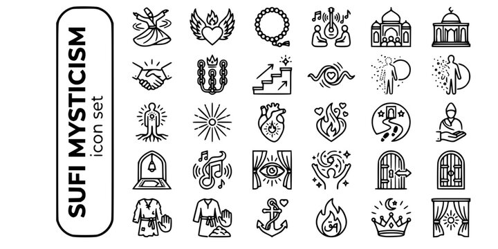 Sufi Islamic Mysticism Bold Line Icons-Dervish Dhikr Sama Murshid Silsila Maqam Fana Baqa Noor Ishq Tariqah Zawiya Kashf-25 Sufi Mysticism Icon Set Vector