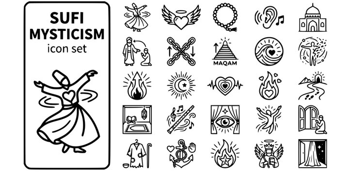 Sufi Islamic Mysticism Bold Line Icons-Dervish Dhikr Sama Murshid Silsila Maqam Fana Baqa Noor Ishq Tariqah Zawiya Kashf-25 Sufi Mysticism Icon Set Vector