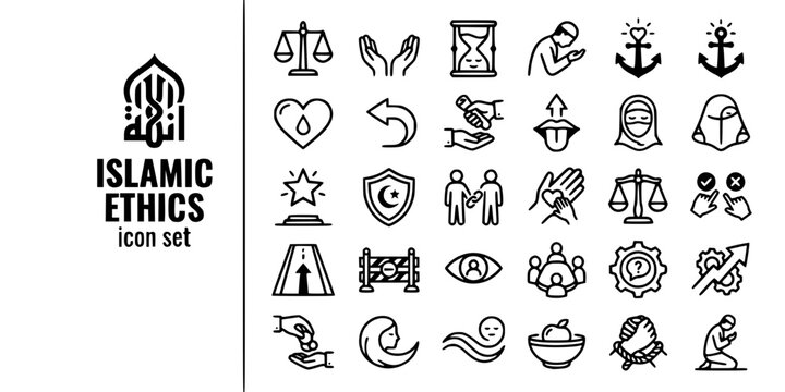 Islamic Ethics Values Bold Line Icons-Adl Rahma Sabr Shukr Tawakkul Ikhlas Amanah Sidq Haya Ihsan Taqwa Ukhuwwah Istiqamah-25 Islamic Ethics Icon Set Vector